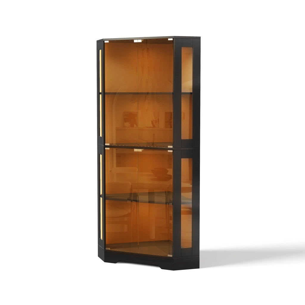 Vetrina angolare in vetro con LED RGB 40x40x165 cm nera, mobile cucina con 4 ante e ripiani regolabili