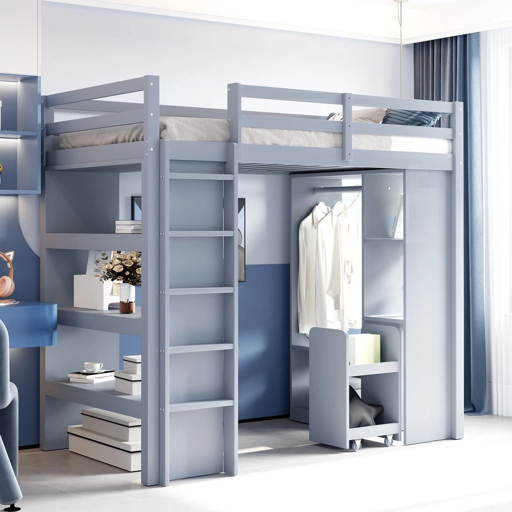 Letto a Soppalco per Bambini con Scaffali e Cassetti ¨C MINIMAL ¨C 90x200 Grigio