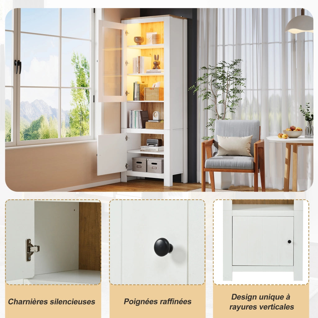 Vetrina alta con 2 ante, 6 ripiani e LED, per soggiorno, in pannello truciolare e vetro, bianco, 70 × 40 × 188 cm