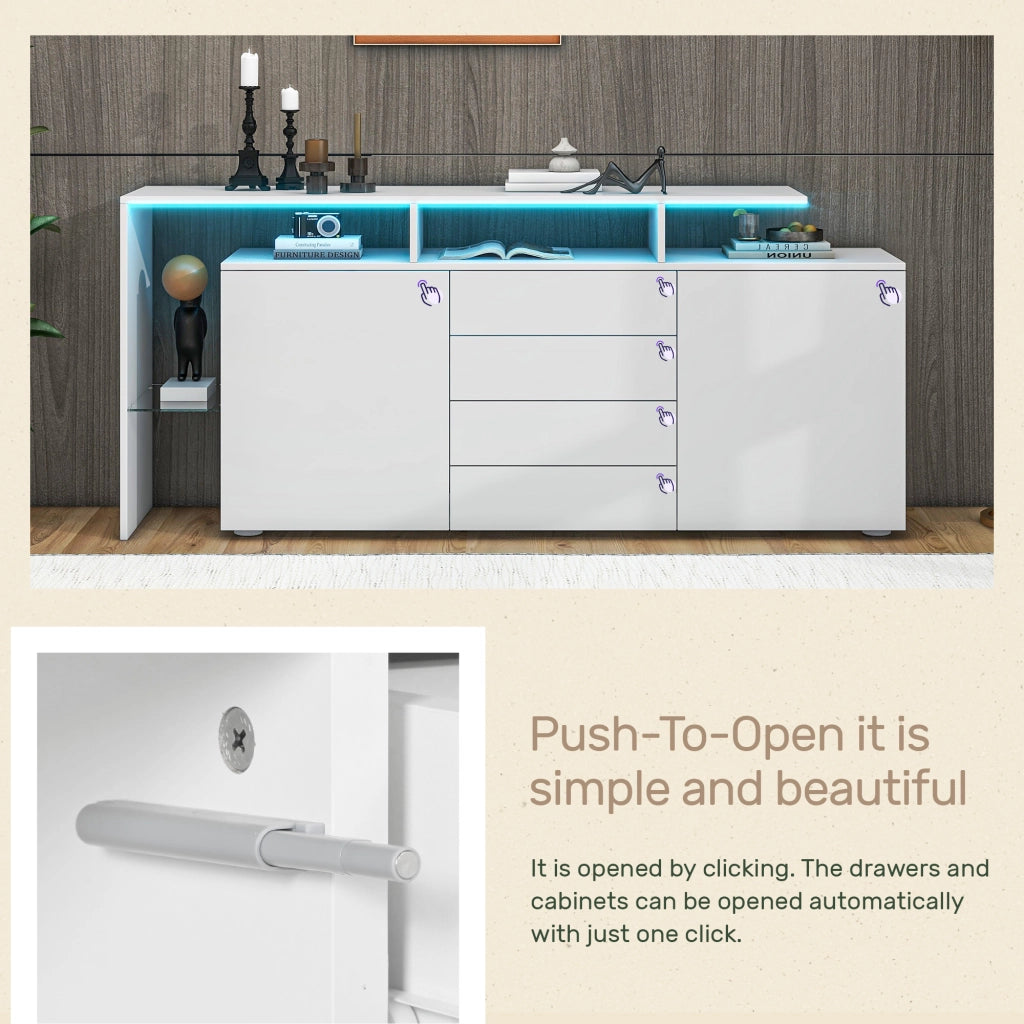 Credenza con 2 Ante; 4 Cassetti; 2 Vani Aperti e LED; Bianco Lucido; in Pannello Truciolare; 160¡Á35¡Á70 cm