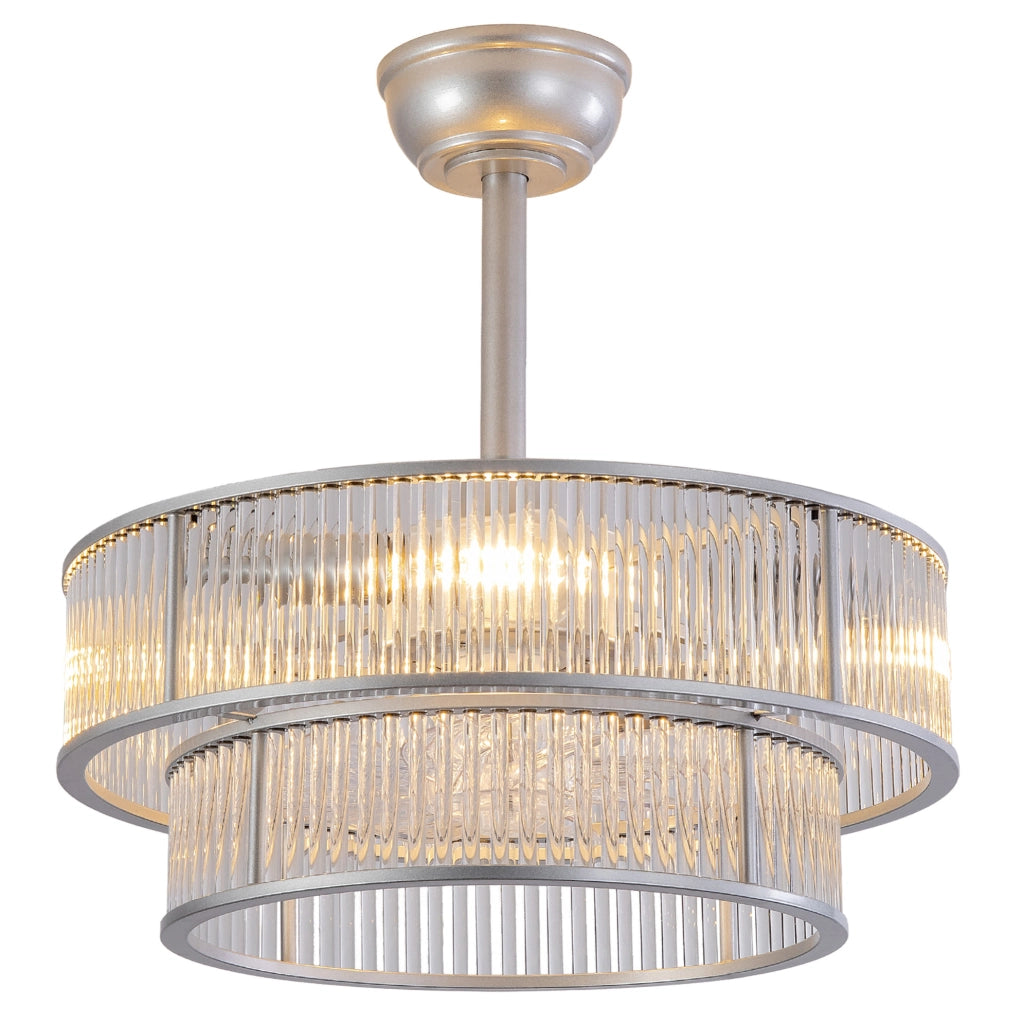Ventilatore da soffitto con luce e cristalli; 19 pollici; argento; metallo e vetro