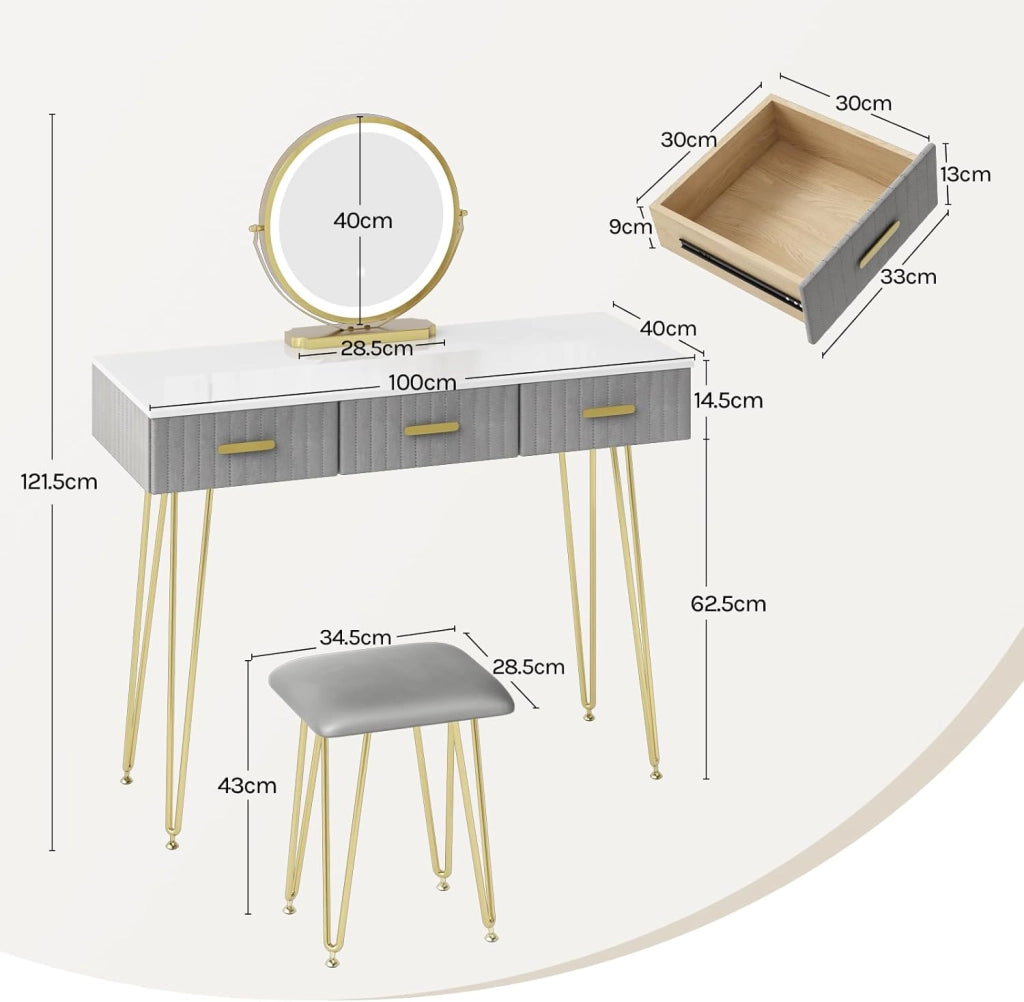 Toeletta Trucco con Luci LED, Luminosità Regolabile, Postazione Tavolo Make Up con Sgabello in Velluto, 3 Cassetti, Facile Montaggio, Moderno, Bianco+Grigio, MB6108gr