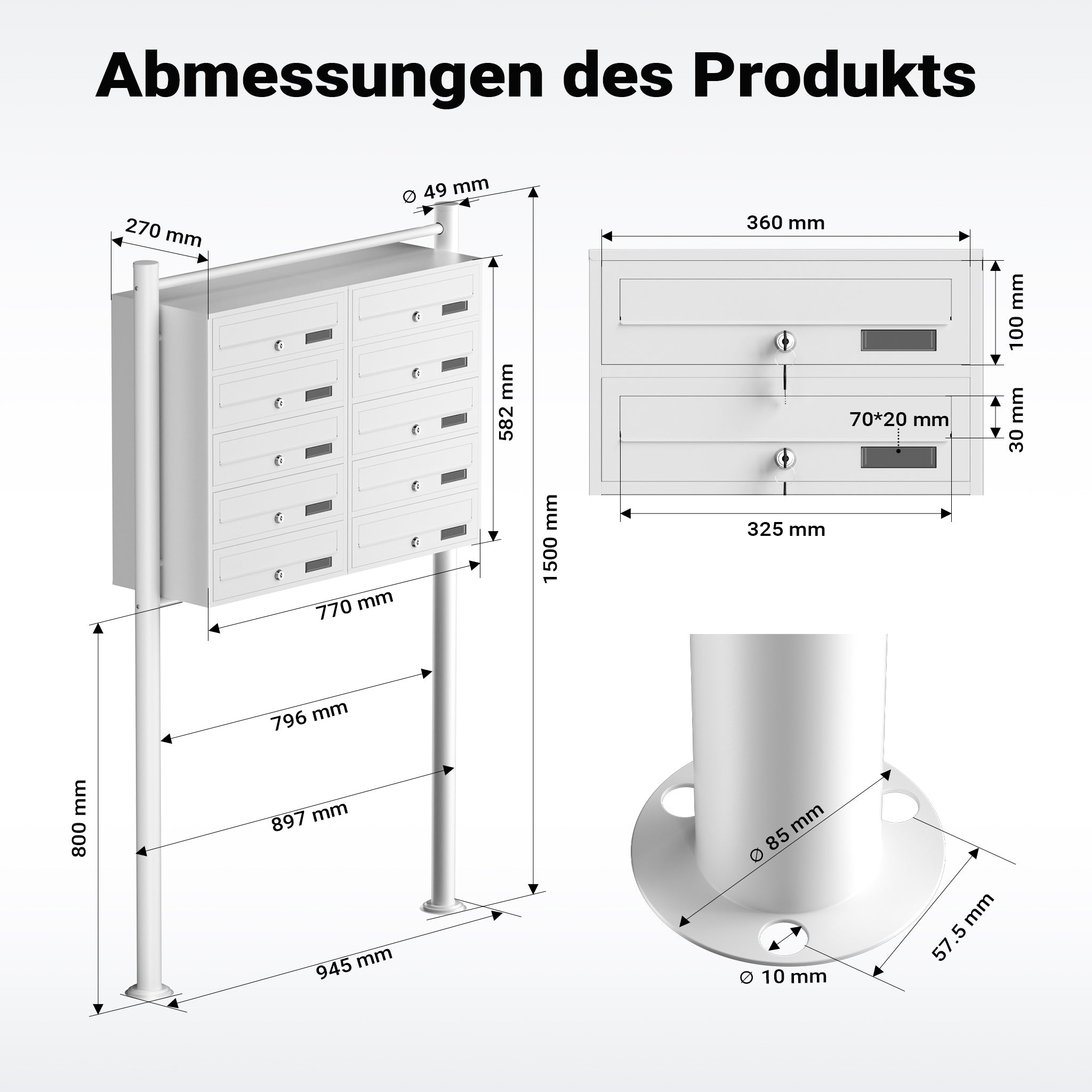 Cassetta postale condominiale autoportante 10 posti, bianco, 2 moduli 945 x 270 x 1500 mm