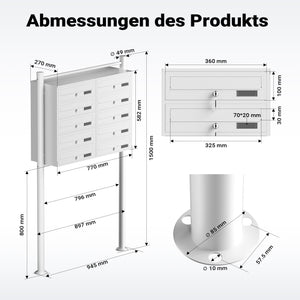 Cassetta postale condominiale autoportante 10 posti, bianco, 2 moduli 945 x 270 x 1500 mm
