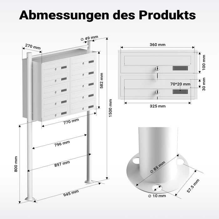 Cassetta postale condominiale autoportante 10 posti, bianco, 2 moduli 945 x 270 x 1500 mm
