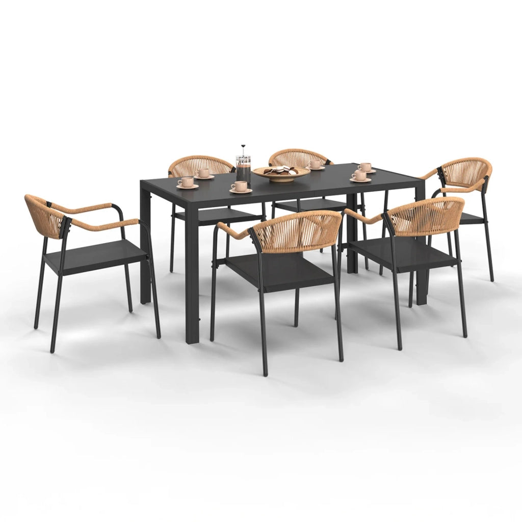 IDMarket - Set di mobili da giardino MADEIRA tavolo 150 cm e 6 sedie in corda e textilene nero e rattan chiaro