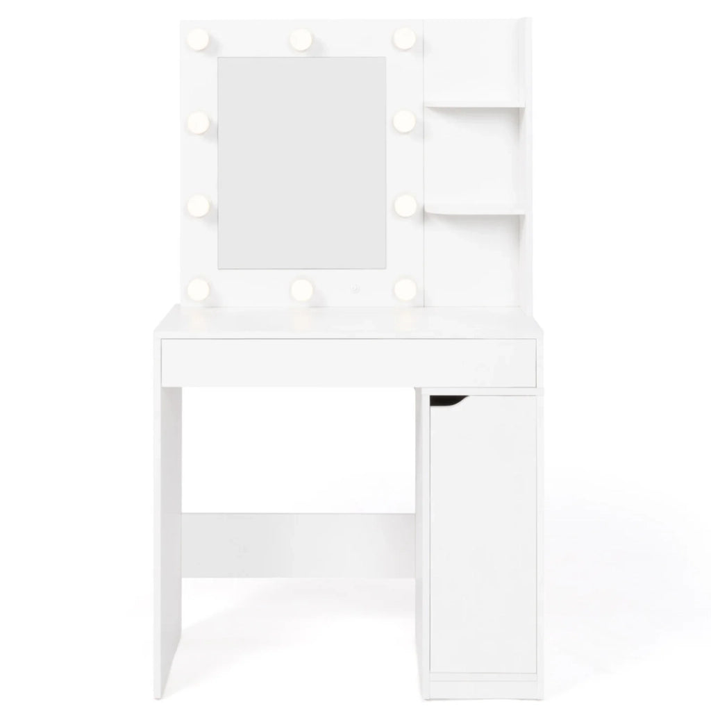 IDMarket - Mobiletto ZELIA con specchio LED, 1 cassetto, ripiani, contenitore e sgabello