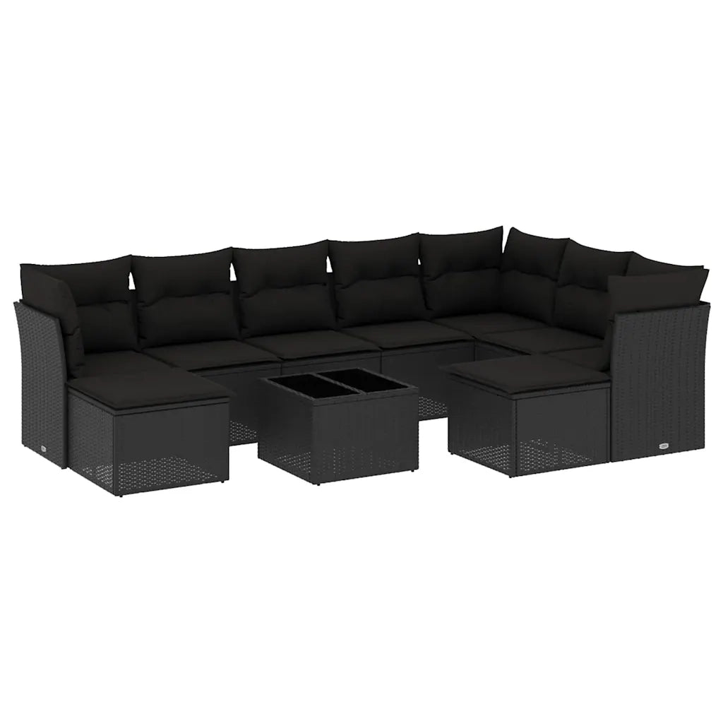 Set Divani da Giardino 10pz con Cuscini in Polyrattan Nero