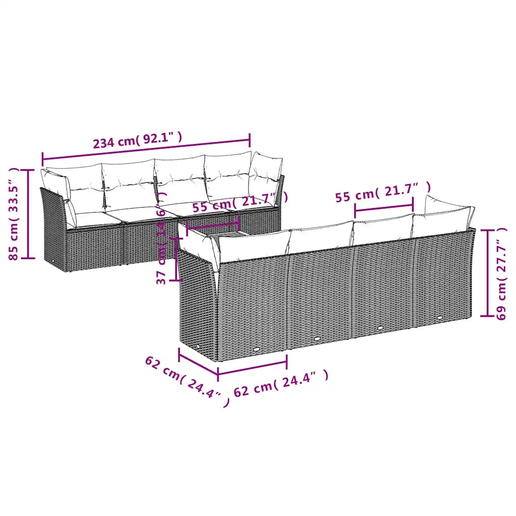 Set Divani da Giardino 9 pz con Cuscini Nero in Polyrattan 3255854