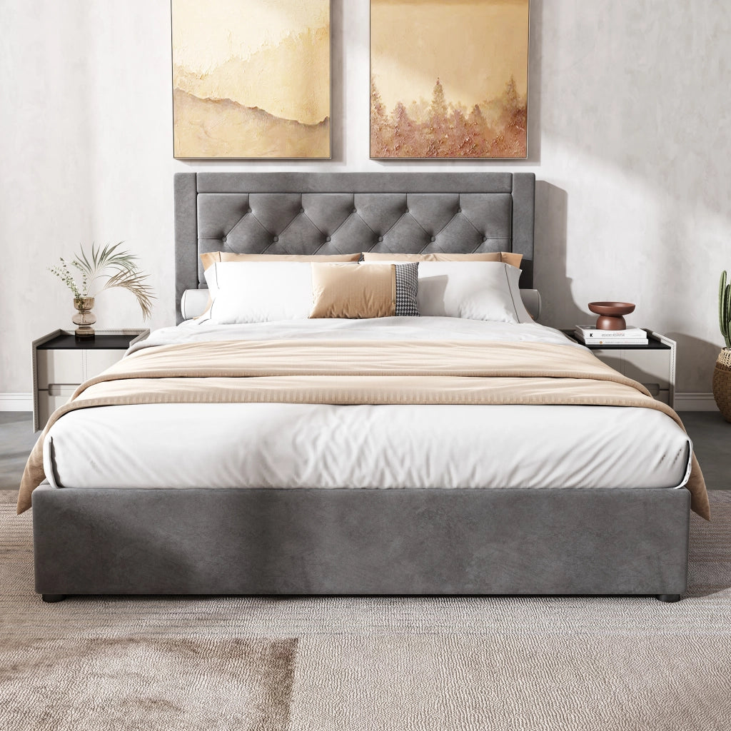 LETTO Contenitore 140x200 cm Grigio in velluto con struttura in acciaio