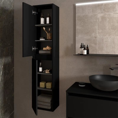 Colonna bagno sospesa 140 cm nero satinato ripiani regolabili Gaya