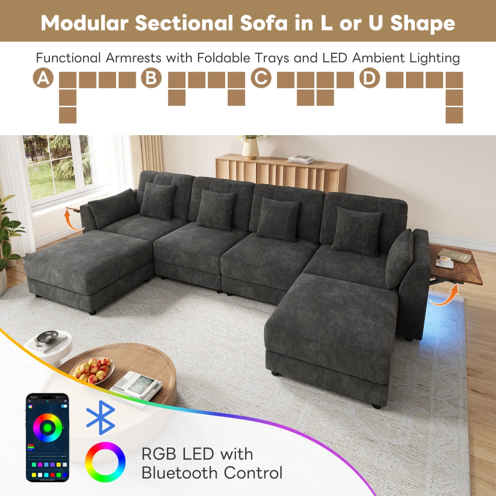Divano angolare modulare a U e L con 2 pouf mobili, luci LED e tavolino pieghevole, in ciniglia grigio
