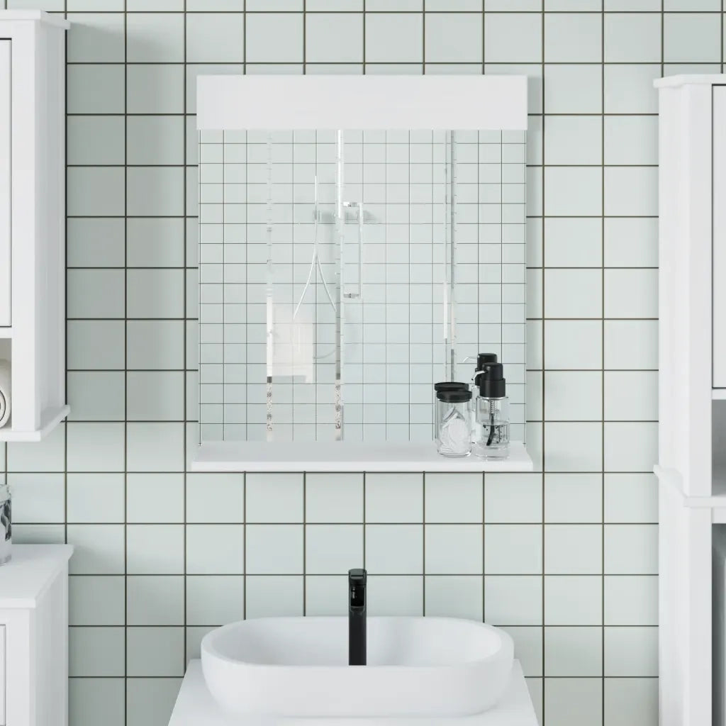 Specchio Bagno e Ripiano BERG Bianco 60x12x70 cm Legno Massello