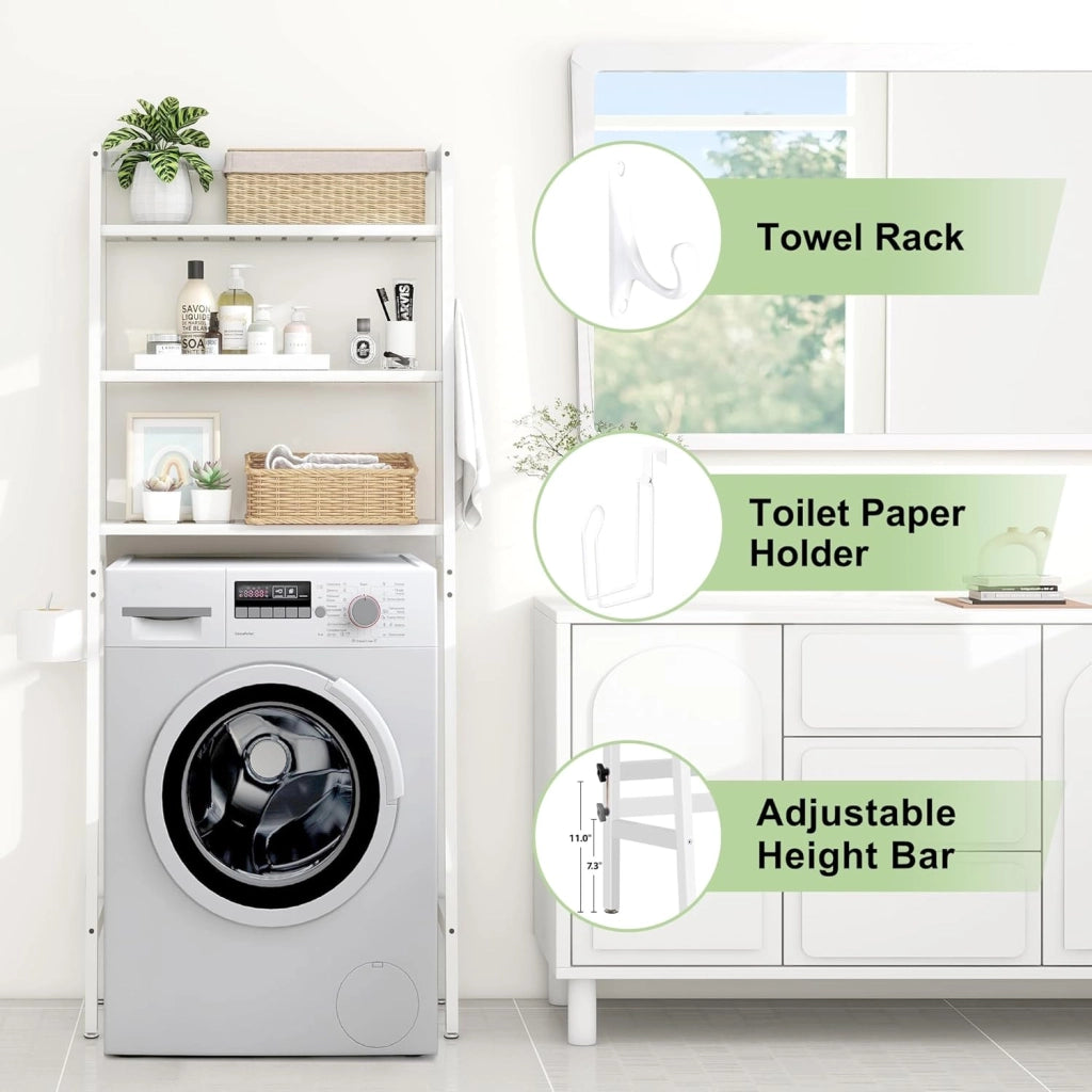 Mensola portaoggetti per bagno, 3 Livelli Sopra Scaffale per lavatrice, organizzatore di spazio per il bagno, autoportante sopra la toilette con porta carta igienica e ganci (bianco)