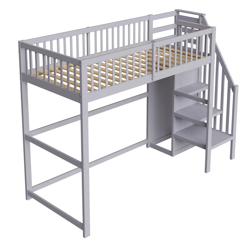 Letto a soppalco singolo 90×200 cm con scala; armadio e ripiani; senza materasso; legno; grigio