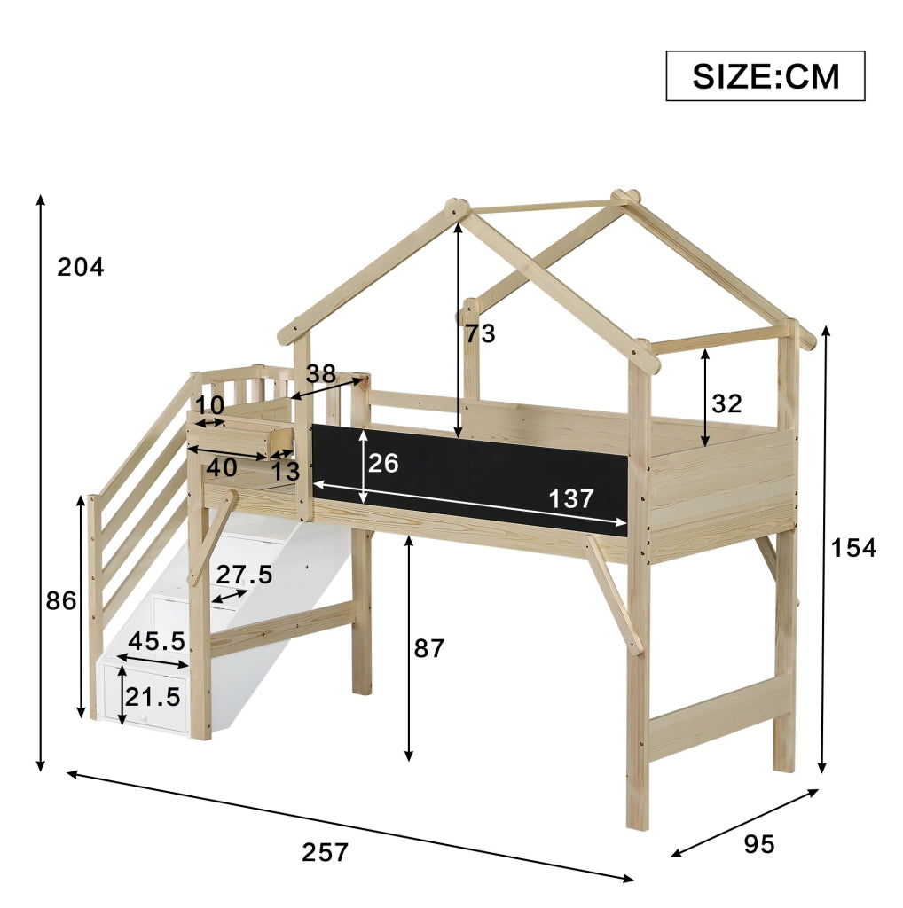 Letto a castello 90x200 cm con scala contenitore e lavagna; legno bianco e naturale