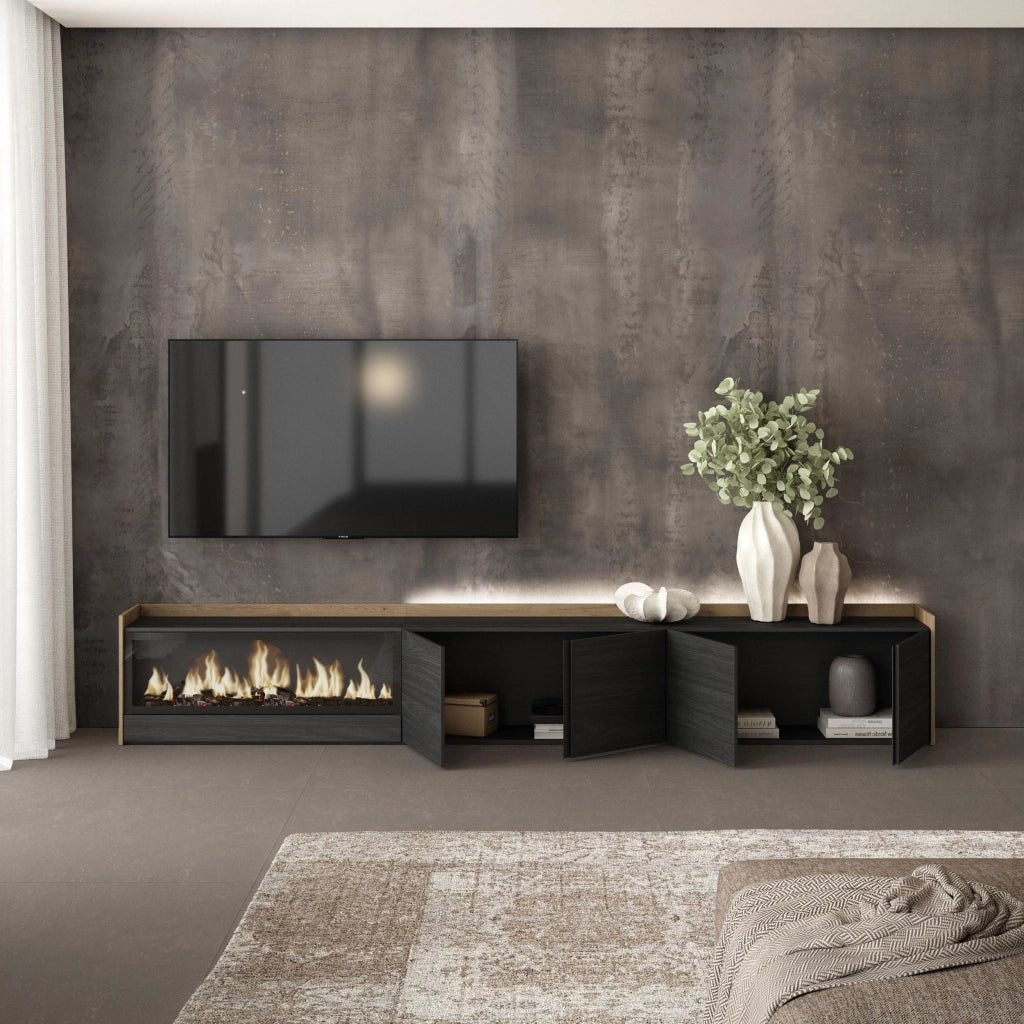 Mobile TV Soggiorno, 315x50x35 cm, Per TV fino a 80", Camino elettrico XXL, LED, Nero e rovere