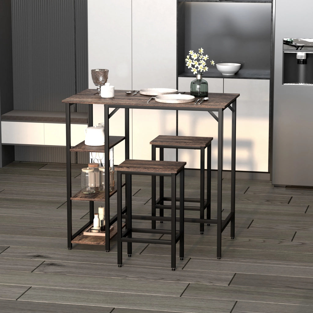 EasyComfort Set Tavolo Alto con 2 Sgabelli e Scaffale Stile Industriale in Metallo e Legno, Arredamento Moderno Bar e Cucina, Marrone Rustico