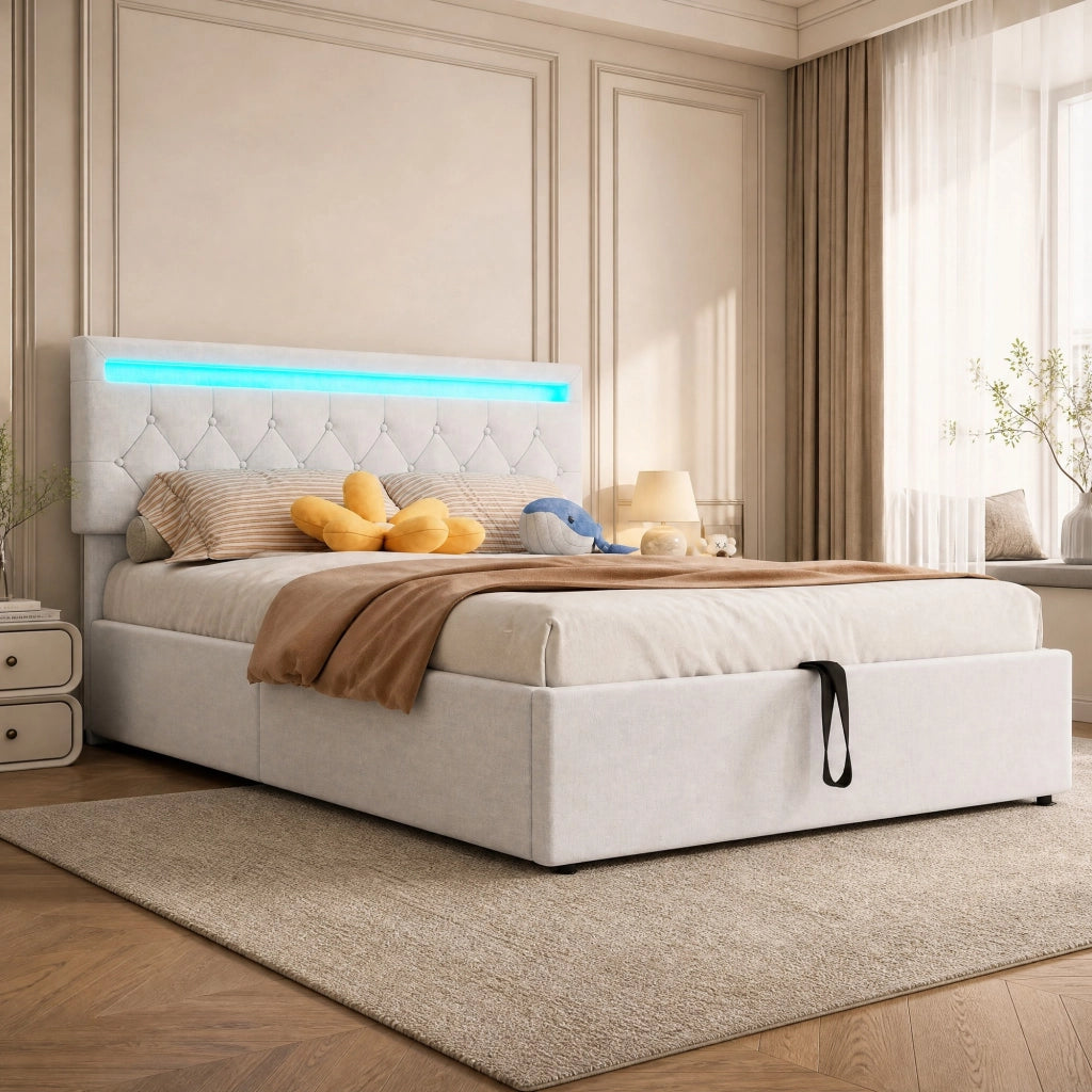 LETTO Imbottito Contenitore 140x200 cm in Lino Bianco con LED, USB e USB-C