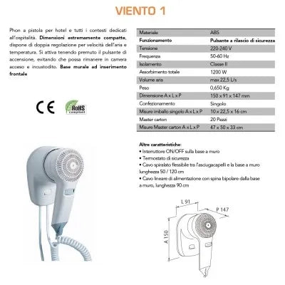 Asciugacapelli phon a pistola 1200W bianco