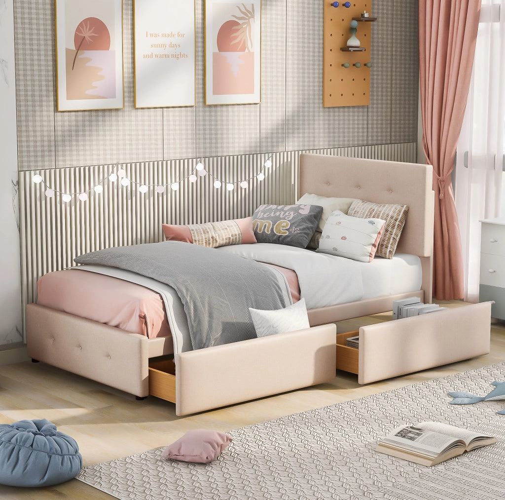 Letto singolo imbottito 90 x 200 cm con rete a doghe e cassetto beige