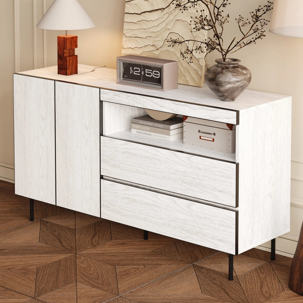 Credenza 140x42x77 cm bianca， 2 ante， 2 cassetti， vano aperto
