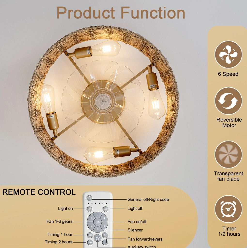 Ventilatore da soffitto con luce in rattan intrecciato; controllo App e telecomando; rame
