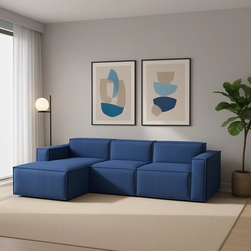 Divano fisso Alganibra, Divano componibile a 3 posti con penisola sinistra, Made in Italy, SofÒ  moderno in tessuto, Cm 300x170h70, Blu