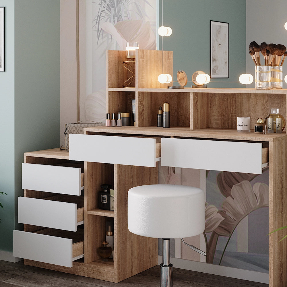 Vicco Tavolo da toilette Bianco/Sonoma 139.8 cm con illuminazione a LED e sgabello