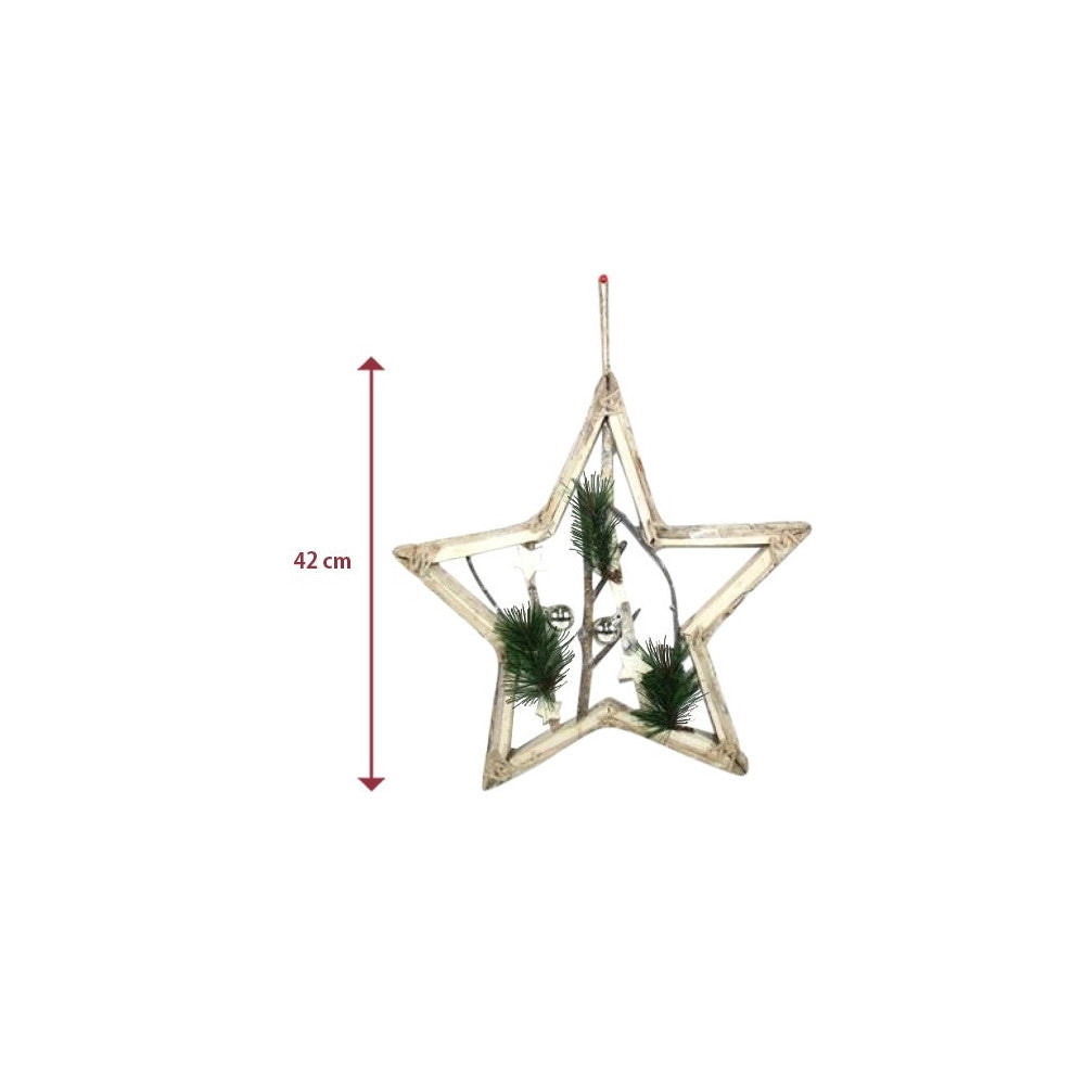 Trade Shop - Appendino Forma Stella In Legno Con Rami E Palline 42cm Bianco Decoro Natalizio -