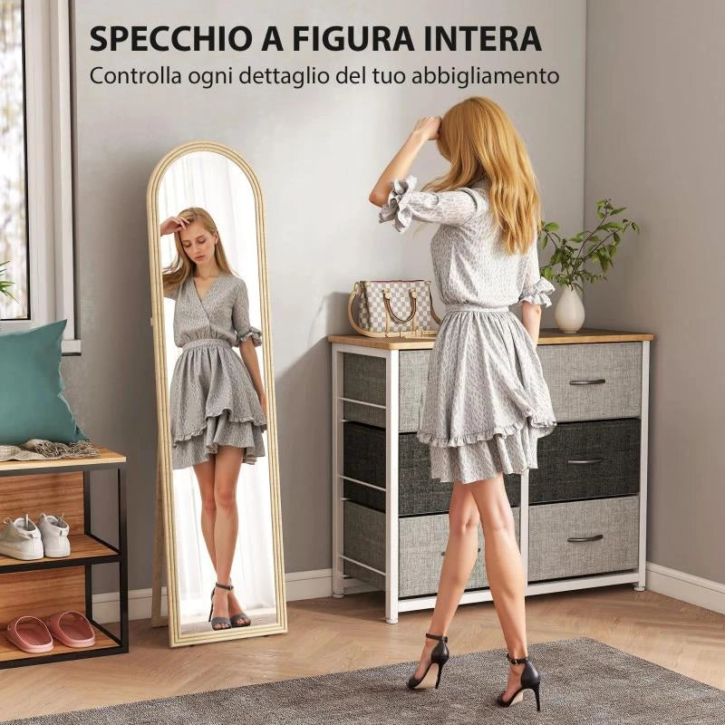 SPECCHIO DA TERRA E PARETE A FIGURA INTERA CON CAVALLETTO, EFFETTO PIETRA E FORMA AD ARCO, 40X160 CM, BEIGE
