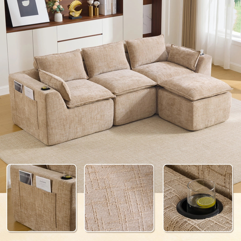 Divano modulare 3 posti con pouf 256x161x75 cm in ciniglia khaki con tasche laterali