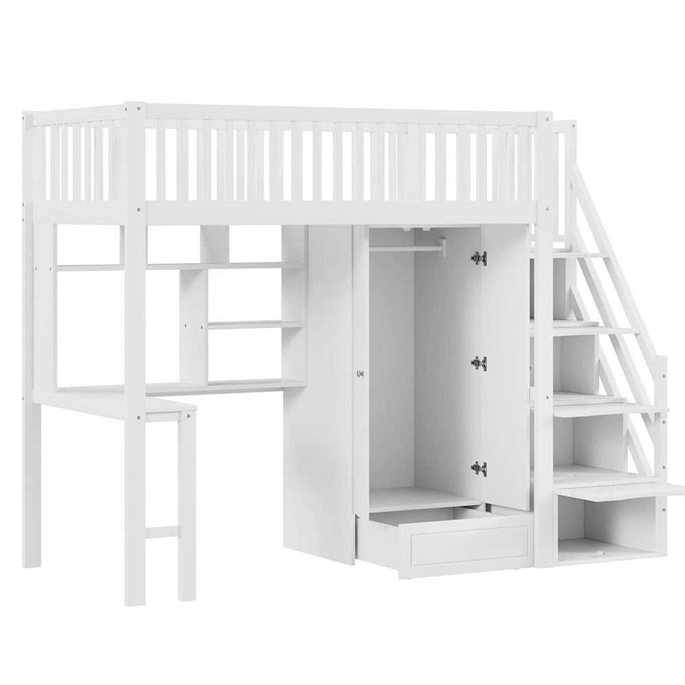 Letto a Soppalco Multifunzione – Xylo – 90x200cm, Legno Bianco, Grande Armadio, Scaffale, Tavolo, Scala, Ripostiglio