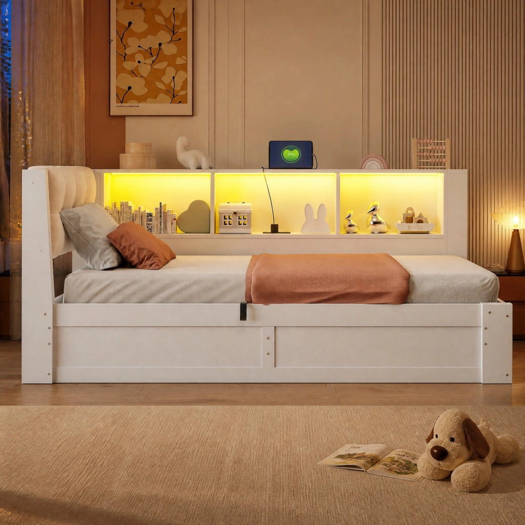 Letto a giorno 90x200 cm con contenitore idraulico, LED e USB