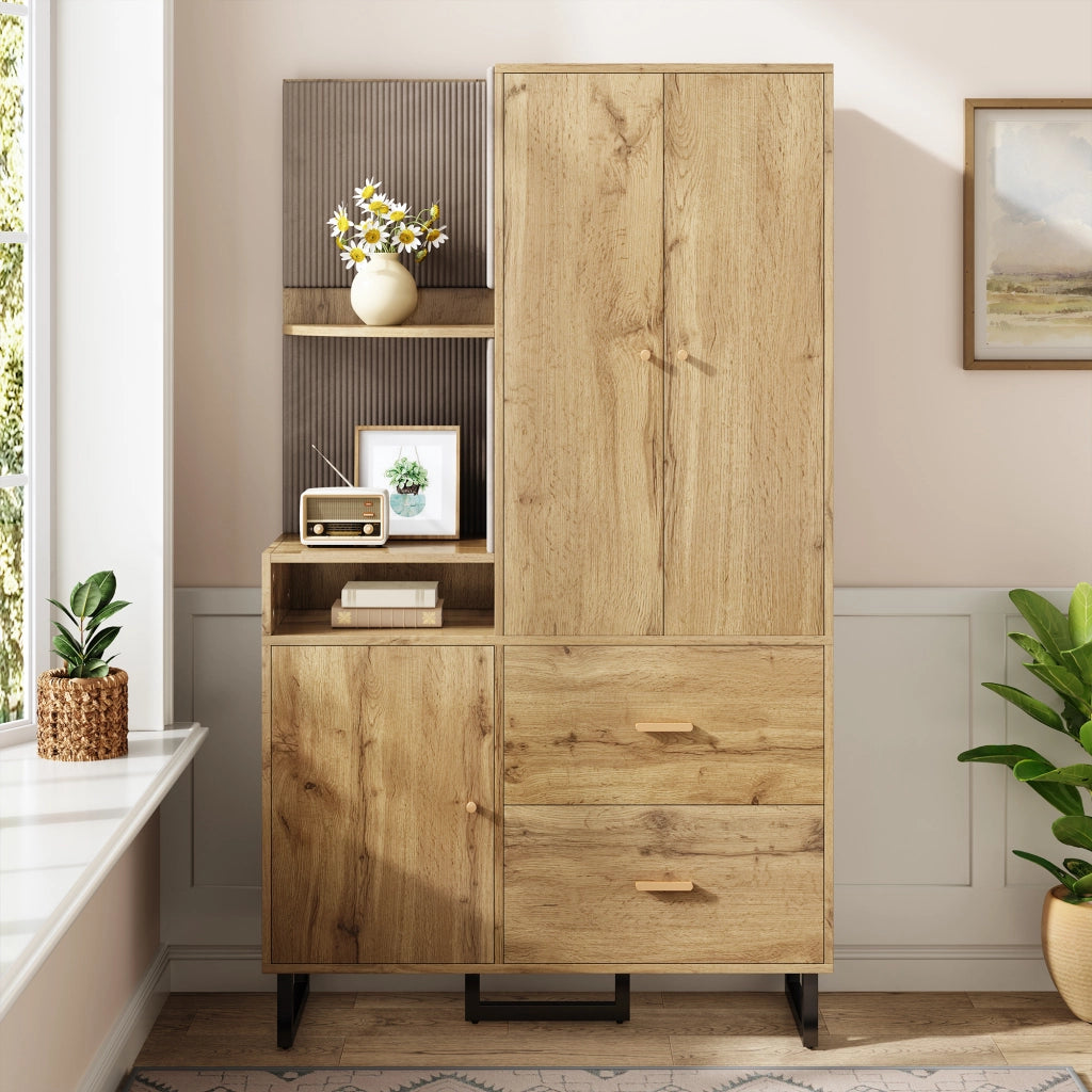 Mobile d'Ingresso con 1 Anta; 2 Cassetti; Barra Estraibile e Nicchie; Pannelli in Tessuto; Moderno; in MDF; Nero e Naturale; 110??38??186 cm