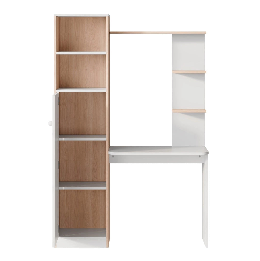 Scrivania 123.5x45x168.5 cm con armadio e 2 ripiani aperti; in MDF bianco e naturale