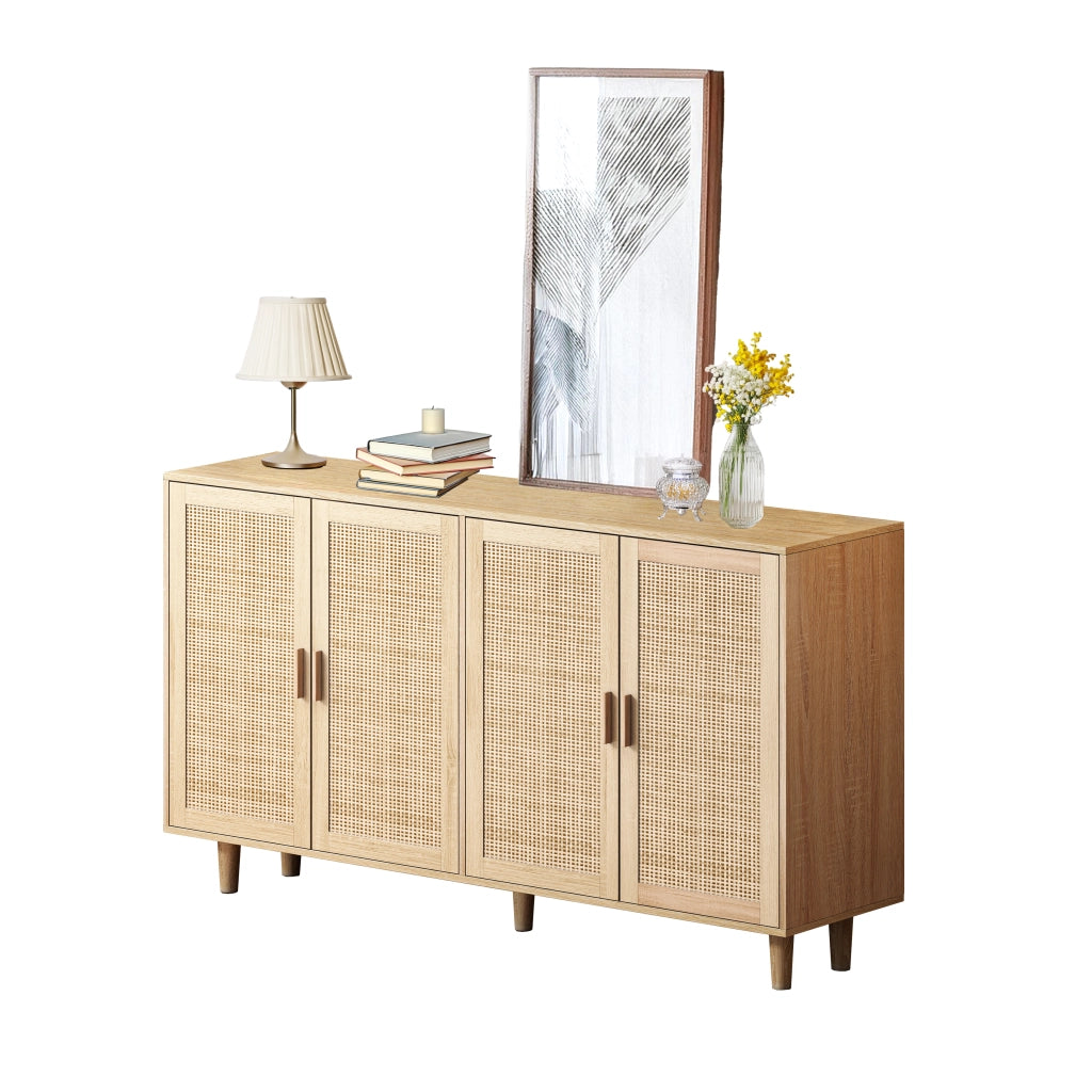 Armadio contenitore a 4 ante in rattan naturale 158 x 40 x 88 cm con ripiano regolabile