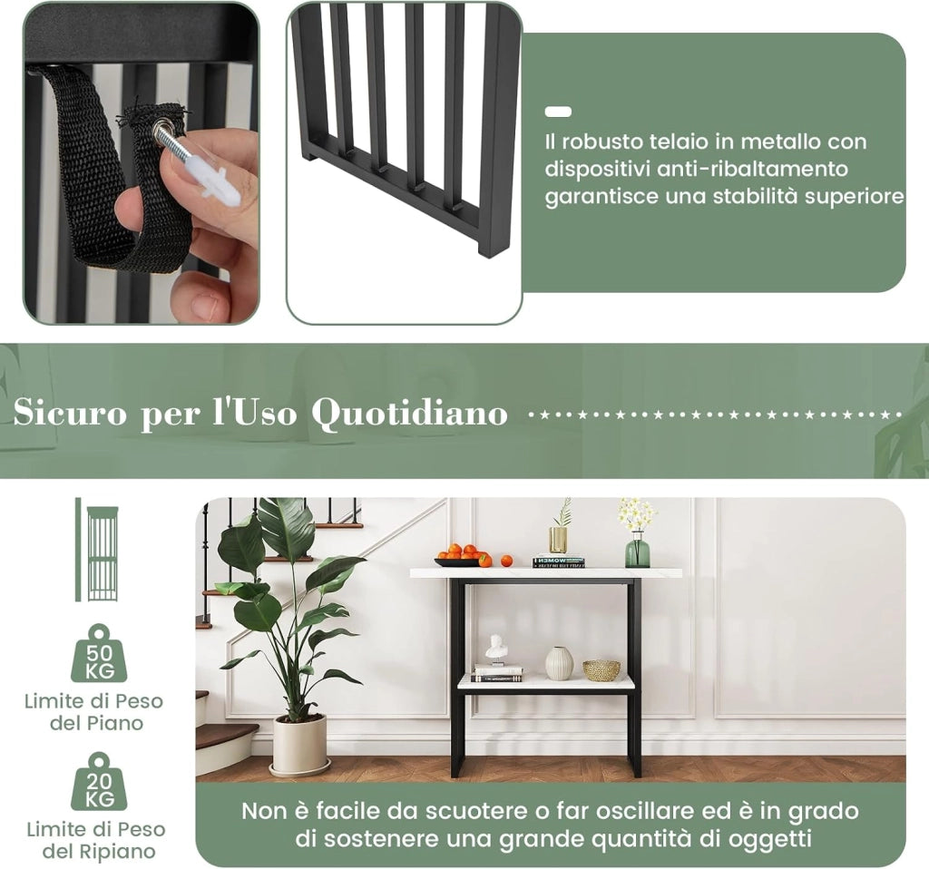 Tavolo da Ingresso Stretto e Compatto, Tavolo da Divano in Finto Marmo con Struttura in Acciaio, Consolle Moderno per Salotto e Corridoio, 120 x 29,5 x 92,5 cm (Nero e Bianco)