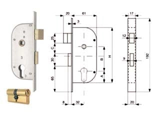 SERRATURA INFIL. CANCELLI 2 MAND. E SCR. SEP. + QUADRO CIL. SAG. 148- - mm.32 (148.32.0) - 2 pezzi MG