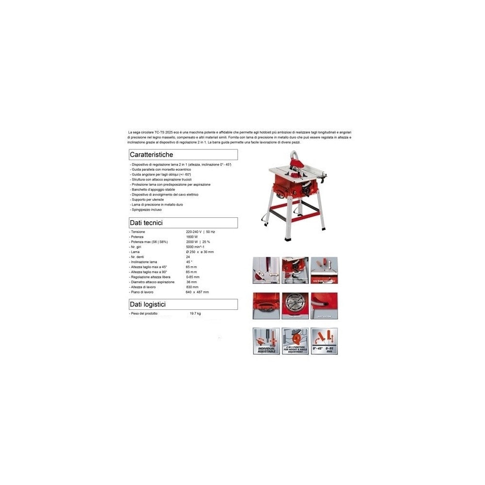 Trade Shop - Sega Circolare Da Banco Einhell Tc-ts 2025 Eco Motore 1800w Lama Disco Da 250mm -