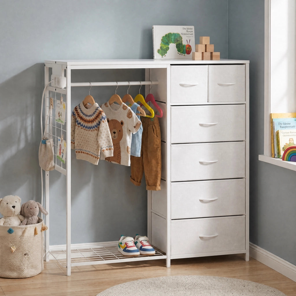Armadio porta abiti per bambini con 6 cassetti in tessuto, asta appenderia e presa, bianco