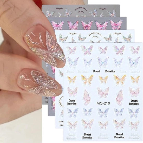 Stickers per unghie 5D Relief - Farfalle Stickers per unghie - Stickers per unghie rosati con finitura lucida - 4 fogli - Design unico - Disegno tridimensionale - Stickers per unghie artigianali