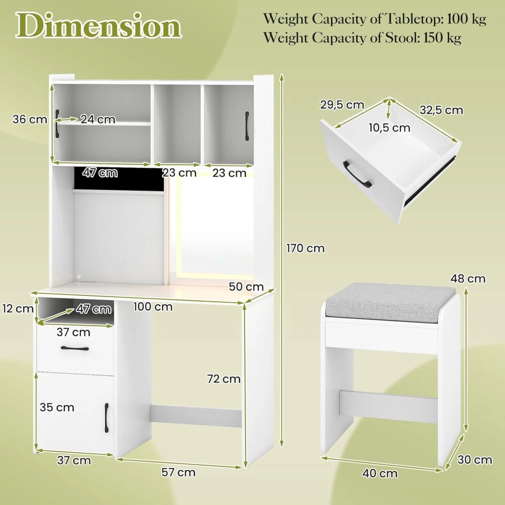 Tavolo da toeletta con illuminazione a LED e sgabello, tavolo cosmetico con presa integrata, specchio intelligente e spazio di archiviazione, tavolo da toeletta in legno