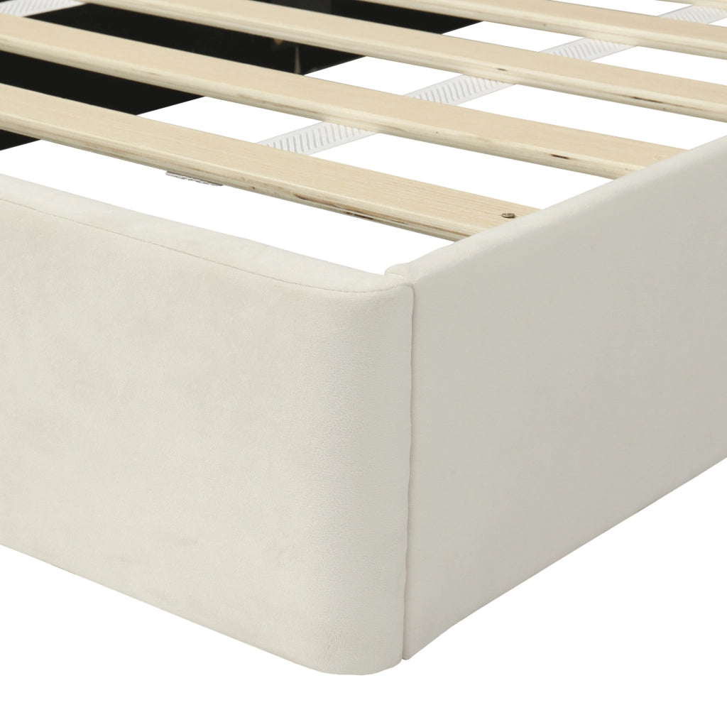 Letto singolo imbottito ULEVR 90x200 cm con testiera a petali e tavolini laterali, velluto beige