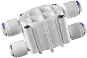 Valvola di intercettazione 4 vie - Connettiore 1/4 pollice - Valvola di chiusura automatica - Osmosi inversa - Sistema di filtrazione dell'acqua - Dimensioni 7,5 x 4,1 x 3,7 cm - Chiave di chiusura