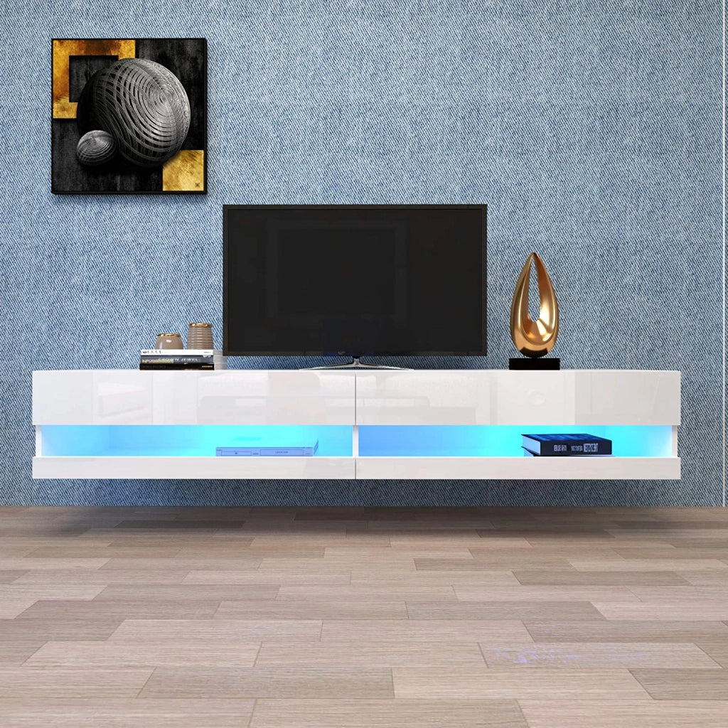 Mobile TV Sospeso con 2 Ante e LED; Frontali Lucidi; Stile Moderno; Soggiorno; 140¡Á40¡Á30;5 cm; in MDF; Bianco