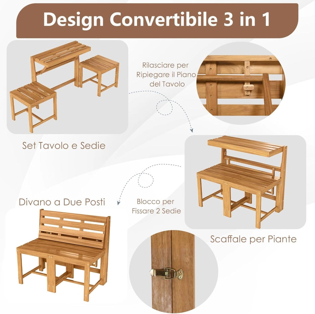 Panca Esterno Trasformabile 3 in 1, Panchina Giardino in Legno di Acacia con Schienale, Set Mobile Esterno con Tavolino e 2 Sedie, Supporto Piante per Terrazzo, Patio e Balcone