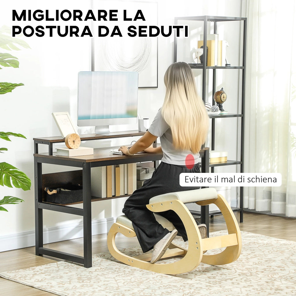 Sedia Inginocchiatoio con Movimento a Dondolo  55x85x55 cm in Tessuto Effetto Lino e Legno di Betulla Crema