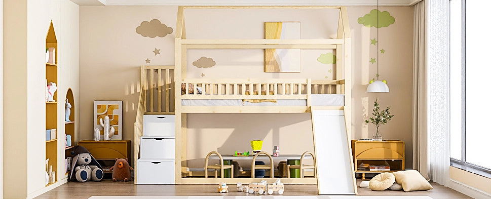 Letto a soppalco 90x200 cm con scivolo e scala contenitore in legno colore naturale