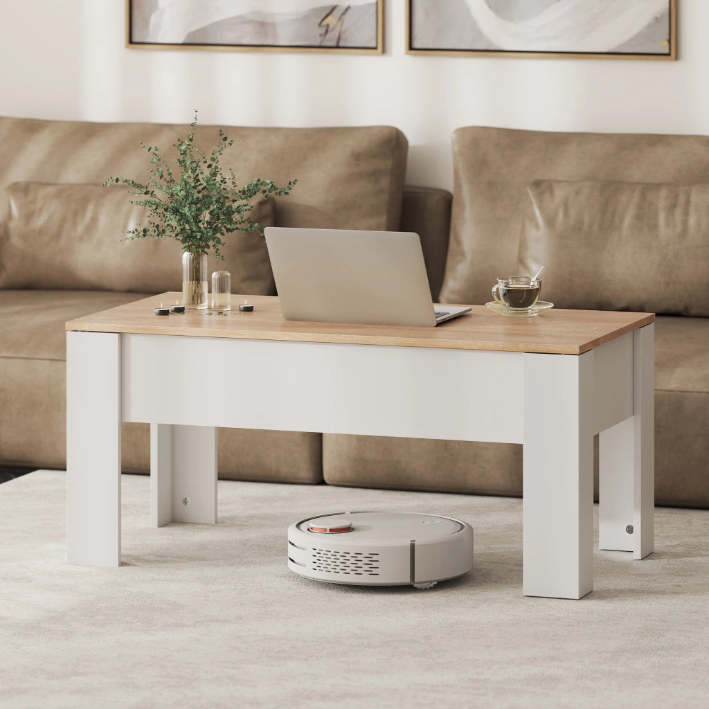 Tavolino da caff¨¨ elevabile con piano elevabile e spazio di stoccaggio nascosto ¨C Minimal ¨C 100x50x45-58,5 cm bianco e naturale